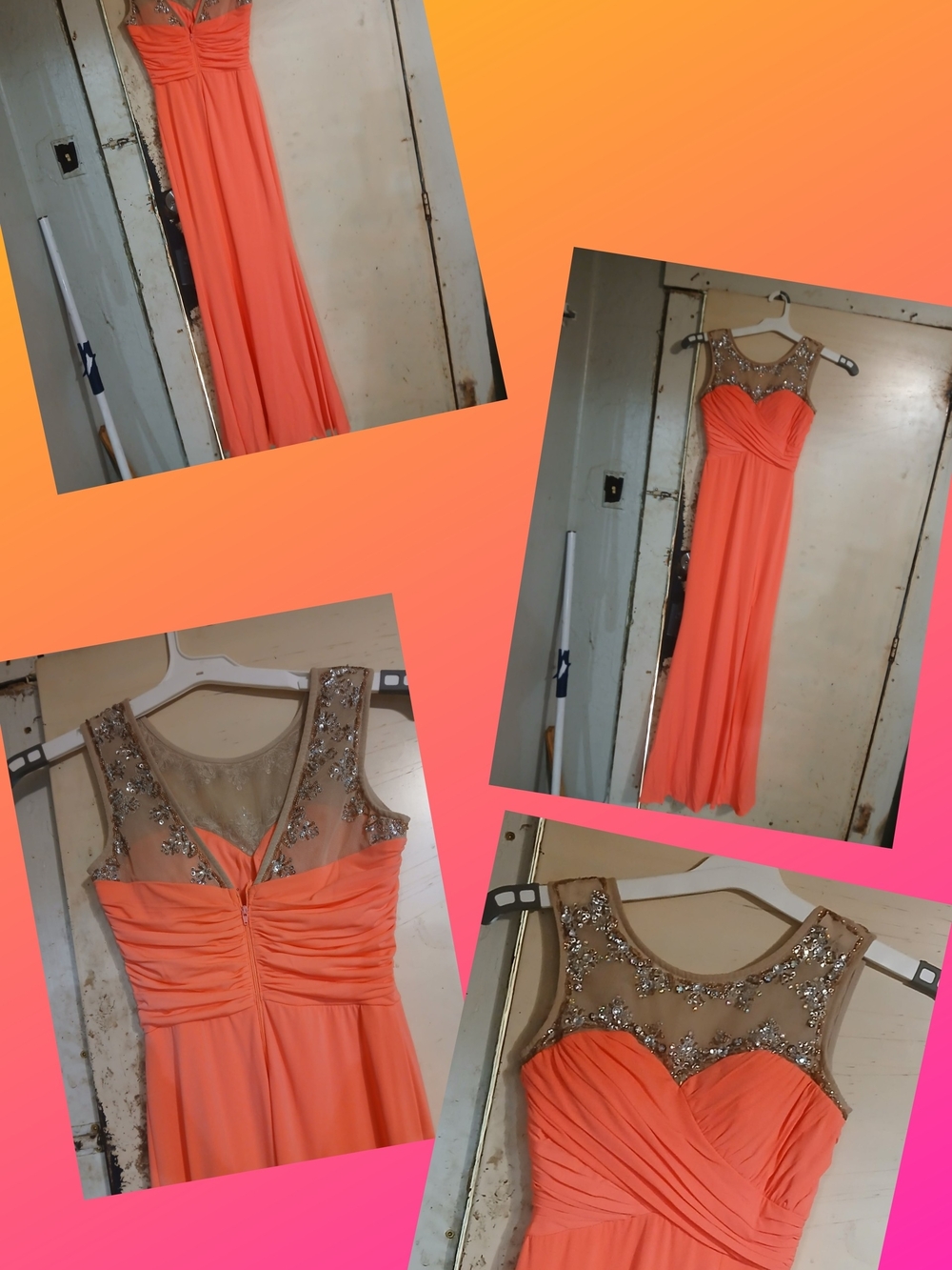 Elegant Coral Evening Gown with Beaded Illusion Neckline